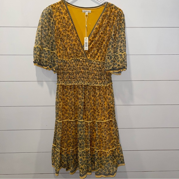 Max Studio Floral Boho V-Neck Yellow Dress Womens Size Small NWT - Picture 1 of 11